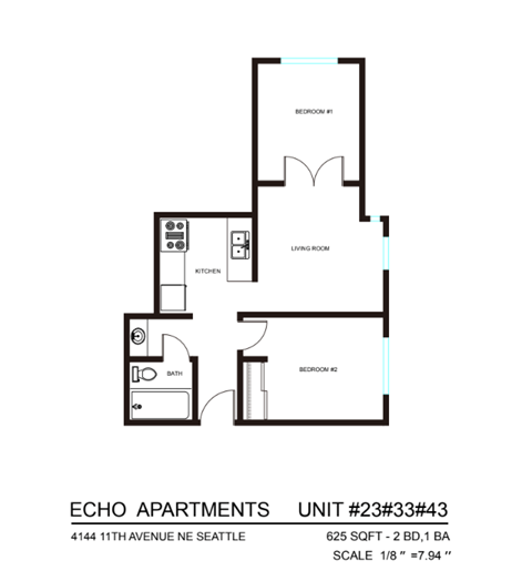 Floor plan for 2 beds, 1 bath, 433 sqft
